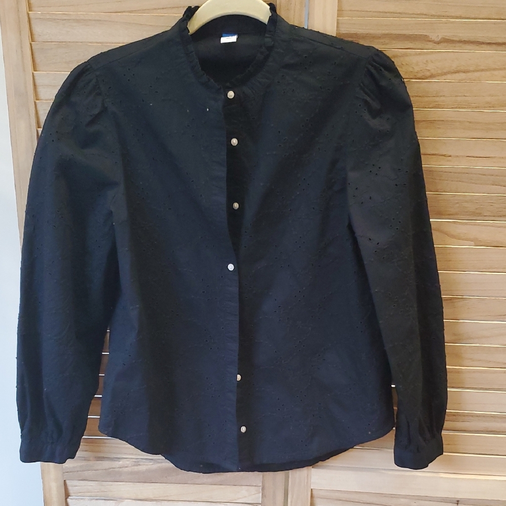 Old Navy Eyelet Black Button-Up cottage dark romantic Blouse 100% cotton Sz S